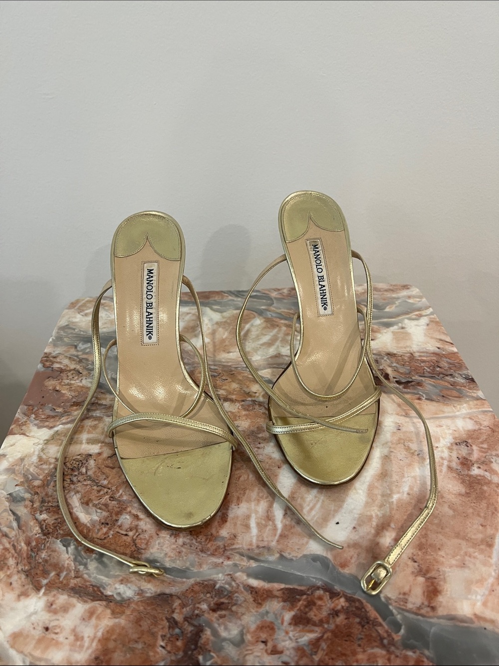 Manolo Blahnik Metallic Gold Lace-Up Heeled Sandals